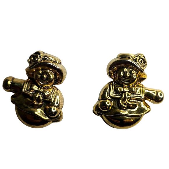 Vintage Snowman Christmas Gold tone Metal Stud Earrings 1 1/4" NEW Deadstock - Picture 1 of 4